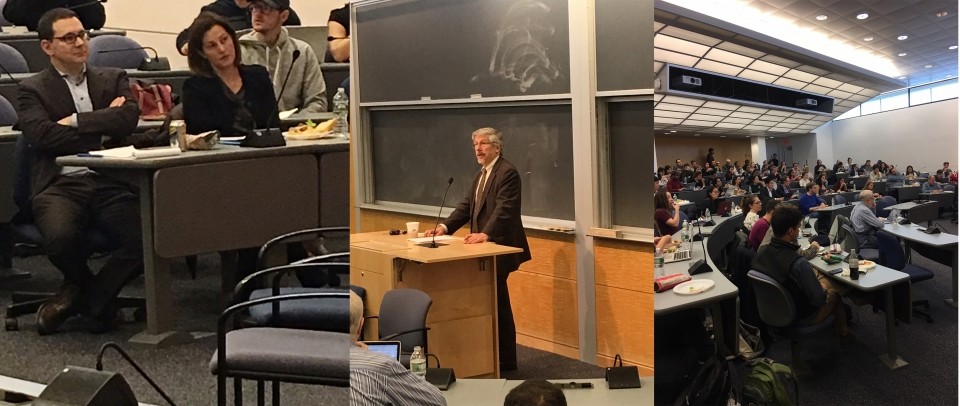 three composite pictures, people taking and listening